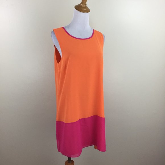 ERIN by ERIN FETHERSTON Orange Pink Color Block Sleeveless Lined Shift Dress - Picture 1 of 8